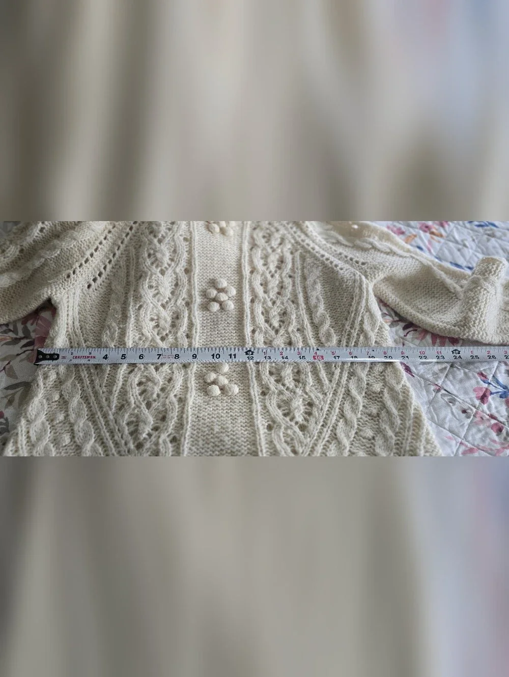 Cable Knit Crewneck Sweater with Floral Bobble Accents - Cream